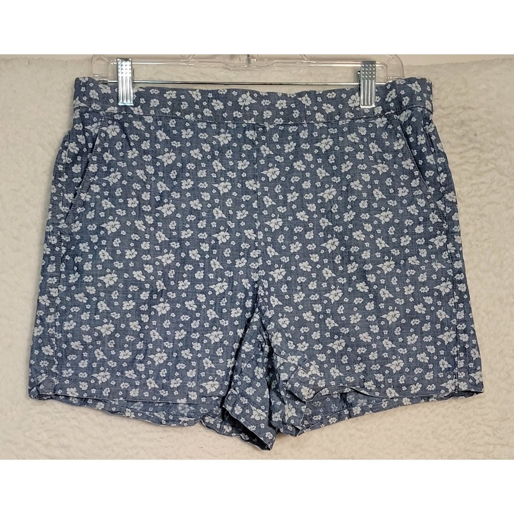 J.Crew Mercantile Women Shorts Size M Floral Elastic Waist Pockets Chambray 1442